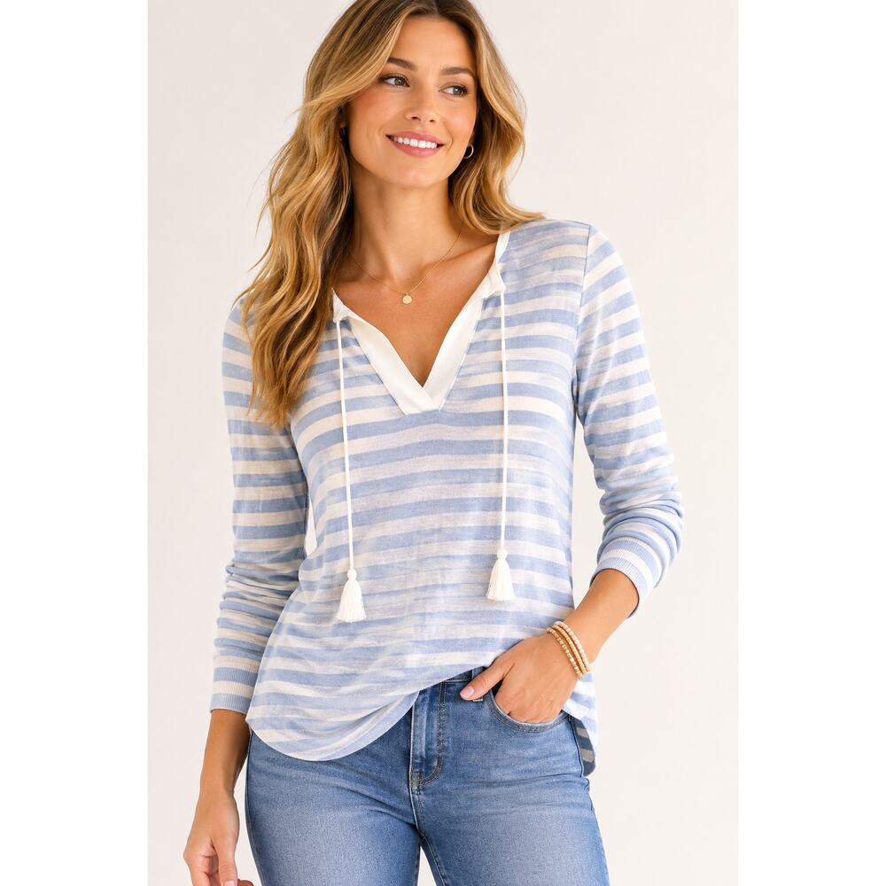 LOFT Blue White Striped Tassel Tie V-Neck Long Sleeve Top - Size XS - Picture 2 of 9